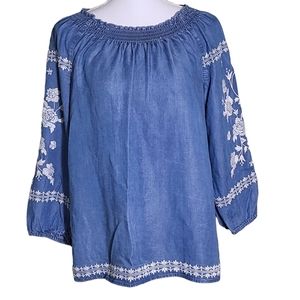J. JILL Denim Tencel Embroidered Top size M